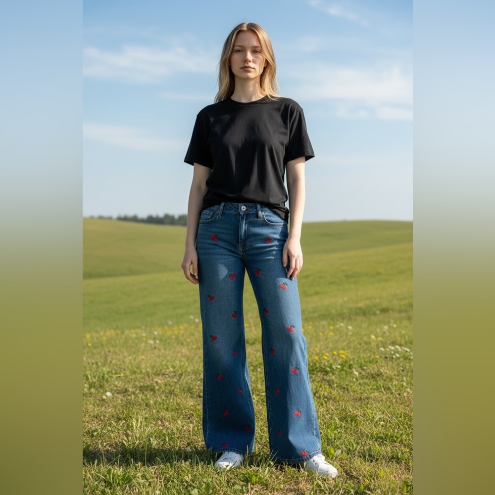 Ashley Mason Embroided Cherry Denim episode Baggy Wide Leg Flare Jeans Size 0/24